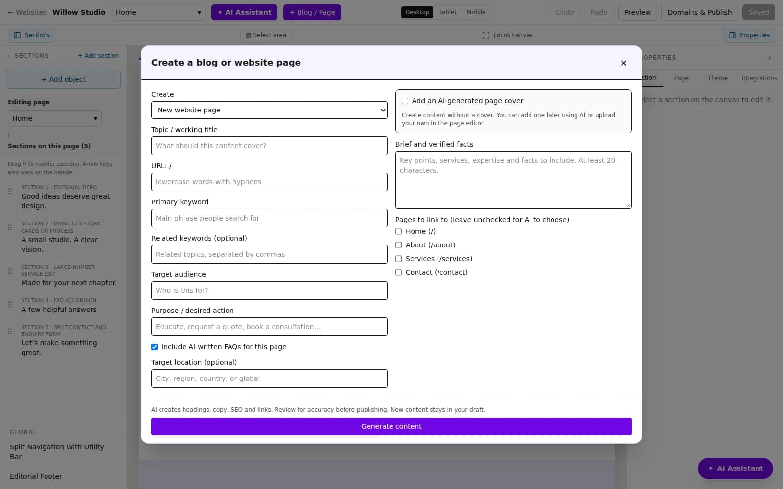 Webtummy page creation form with topic, audience and content controls