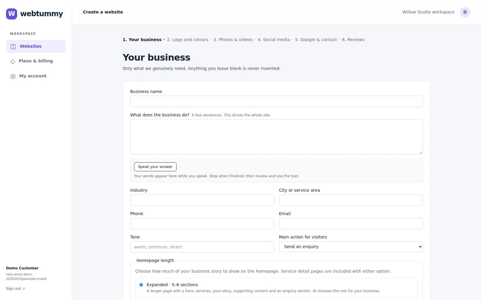 Webtummy website creation screen for supplying a business brief