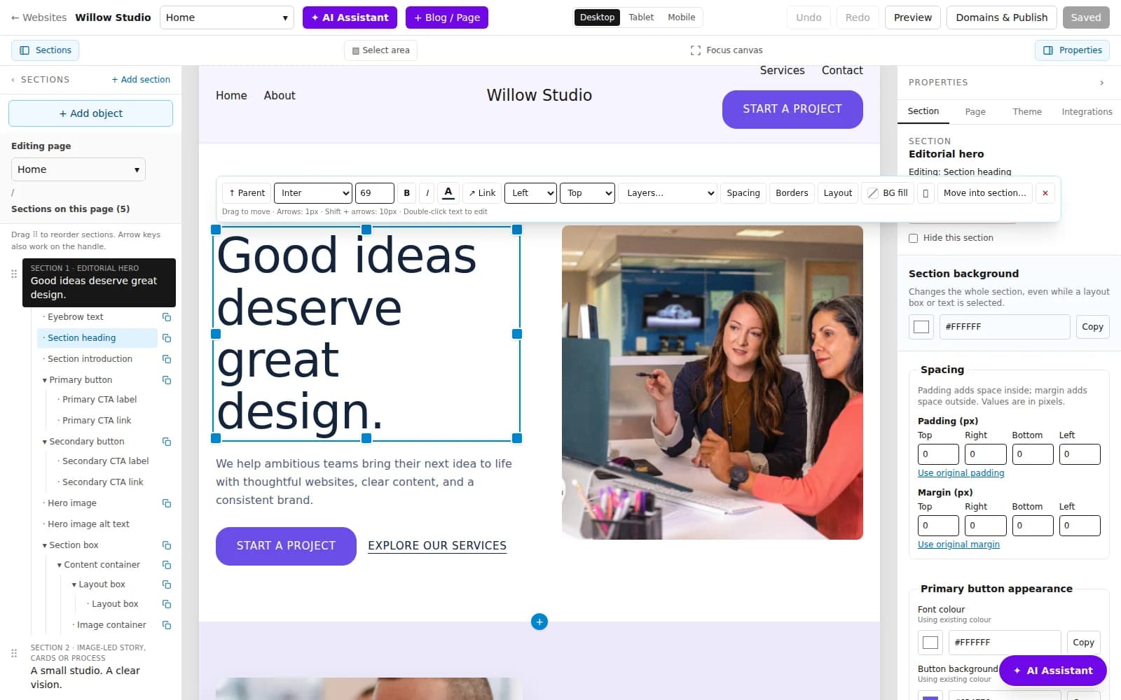 Webtummy text editing toolbar for changing website content directly on the page